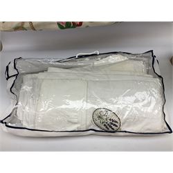 Large quantity of table linen and Victorian and later lace, framed machine tapestry depicting Greece, embroidered wall hanging decorated with a woodland scene with deer and blossoming tree, embroidered linen decorated with floral design, crochet, etc