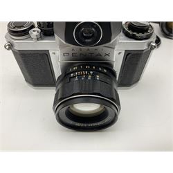 Asahi Pentax S1a camera body, serial no. 707071, with 'Super-Takumar 1:1.8/55' lens, serial no 2124044, together with Asahi Pentax Sv camera body, no. 1925617 with 'Super-Takumar 1:2/55' lens, serial no. 2770153, Asahi Pentax Meter, 'Super-Takumar 1:3.5/28' lens, serial no. 2075492 and 'Super-Takumar 1:4/150' lens, serial no. 1461613  