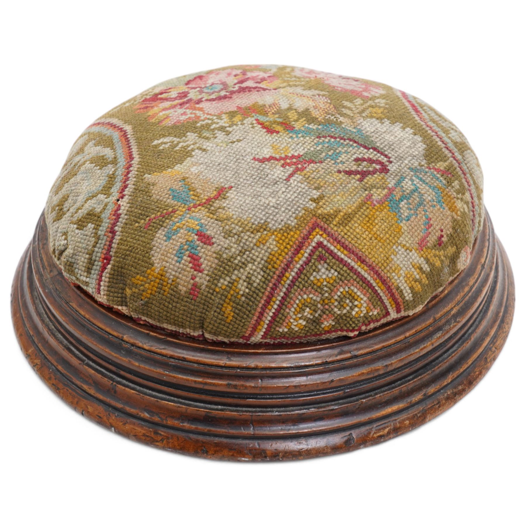 Victorian gilt wood circular footstool on compressed feet and with upholstered top, the base with an old label D32cm and one other Victorian footstool (2) 