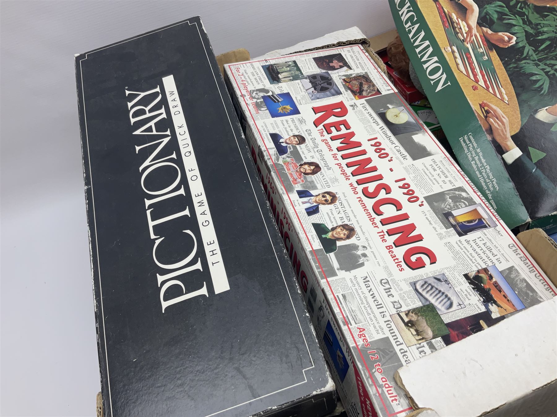 Selcol Beatles New Sound toy guitar, Triang baby walker, Mamod steam engine, wooden Noahs Ark toy, quantity of diecast cars and plastic soldiers and a collection of other toys and board games, in five boxes
