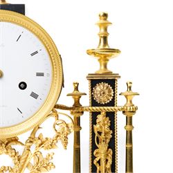 French-Early 19th century 8-day ormolu and polished black slate portico clock, case surmounted with a twin handled urn with flowers, supported by two square pedestals with finials and trailing floral mounts on oval bases, raised on an oval plinth with toupie feet, enamel dial signed 