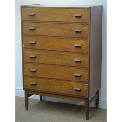  Retro teak chest, six drawers, turned tapering supports, W79cm, H119cm, D42cm  