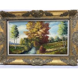 English School (20th century): Autumnal River Scene, oil on canvas indistinctly signed 39cm x 69cm