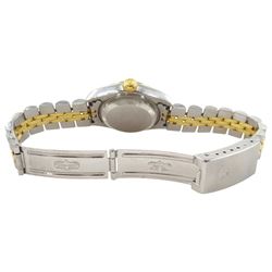 Rolex Oyster Perpetual DateJust ladies stainless steel and gold automatic wristwatch, circa 1999, Ref. 79173, serial No. A854711, blue jadeite dial with diamond dot hour markers at 6 and 9 o'clock, on Rolex Jubilee stainless steel and gold bracelet, with fold-over clasp, boxed with papers and additional links