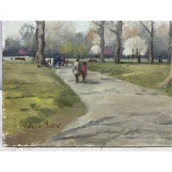 William Burns (British 1923-2010): 'Spring in Green Park', oil on board signed, titled verso 21cm x 26cm (unframed) Provenance: Direct from the family of the artist. Notes: Born in Sheffield in 1923, William Burns RIBA FSAI FRSA studied at the Sheffield College of Art before the outbreak of the Second World War, during which he helped illustrate the official War Diaries for the North Africa Campaign, and was elected a member of the Armed Forces Art Society. On his return, he studied architecture at Sheffield University and later ran his own successful practice, being a member of the Royal Institute of British Architects. However, painting had always been his self-confessed 'first love', and in the 1970s he gave up architecture to become a full-time artist, having his first one-man exhibition in 1979.