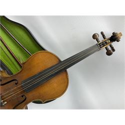 1920s German Saxony three-quarter size violin with 33cm two-piece maple back and ribs and spruce top; 55cm overall; in carrying case with two bows