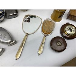 Booths Old Willow pattern plates, teacups and saucers, together with Stuart Crystal bowl with frog lid, small barometer and other collectables