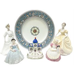Two Royal Doulton figures, the bridesmaid HN2196, Cookie HN2218 and two Coalport figures, Lorraine, Emily, together with Coalport cottage the Blue House and a Wedgwood plate in Florentine pattern. 