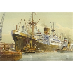  Colin Verity RSMA (British 1924-2011): 'T S S Gothic' - Berthing in the King George Dock Hull in the 1950s, watercolour signed and dated '86, original title label verso 31cm x 45cm Provenance: exh. Ferens Art Gallery Hull 1986 illustrated 'A Glance Astern' by Colin Verity pp.20 Notes: the Gothic, a passenger-cargo liner was built by Swan Hunter at Wallsend-on-Tyne, the fourth and final of the Corinthic-class liners ordered by the Shaw, Savill & Albion Line. Her sister ships were Corinthic, Athenic and Ceramic. She was launched on 12 December 1947, completed in December 1948  DDS - Artist's resale rights may apply to this lot  