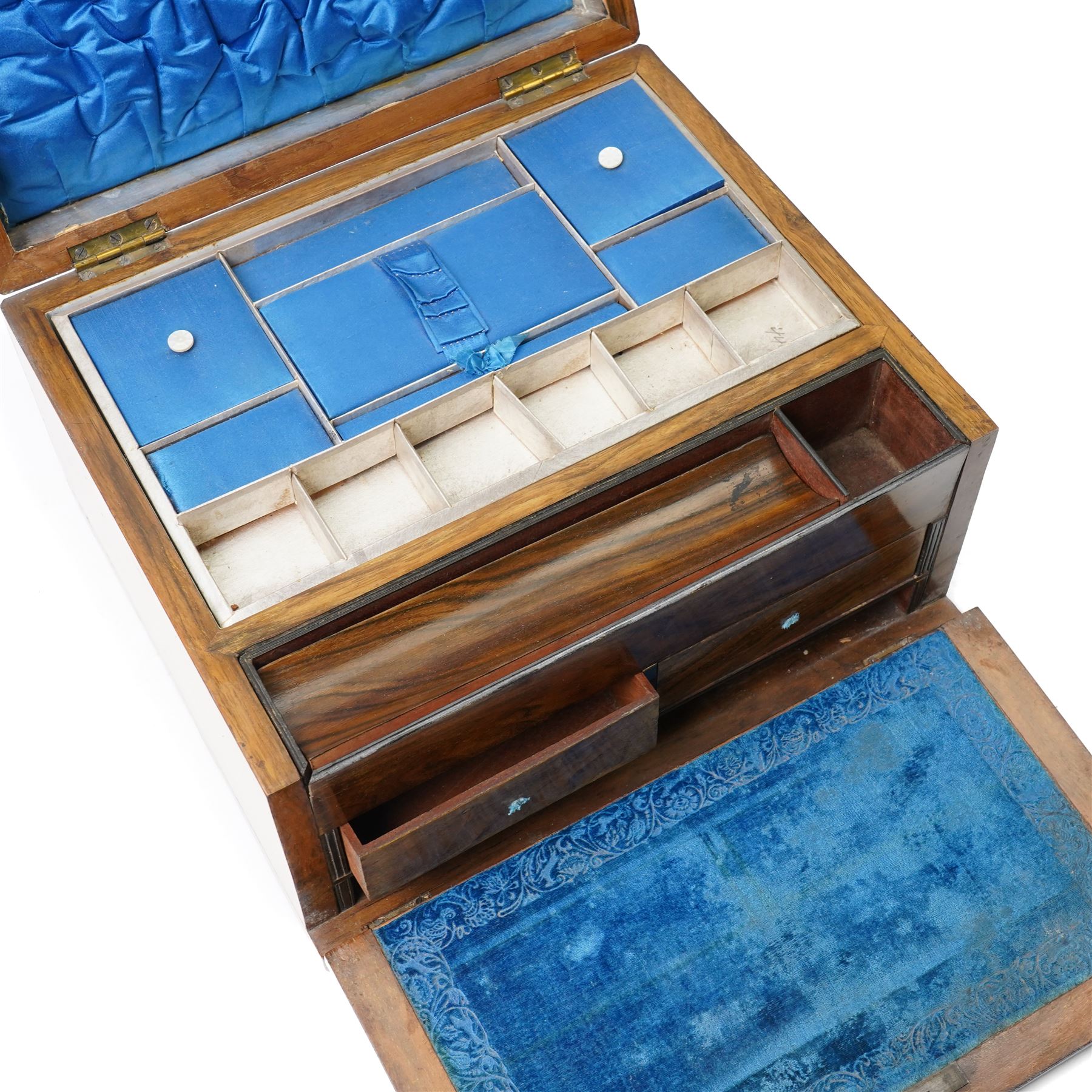 Victorian walnut writing/needlework box with parquetry banding and mother of pearl escutcheon and key plate, hinged lid with fitted interior and fall front with writing surface and two small drawers 