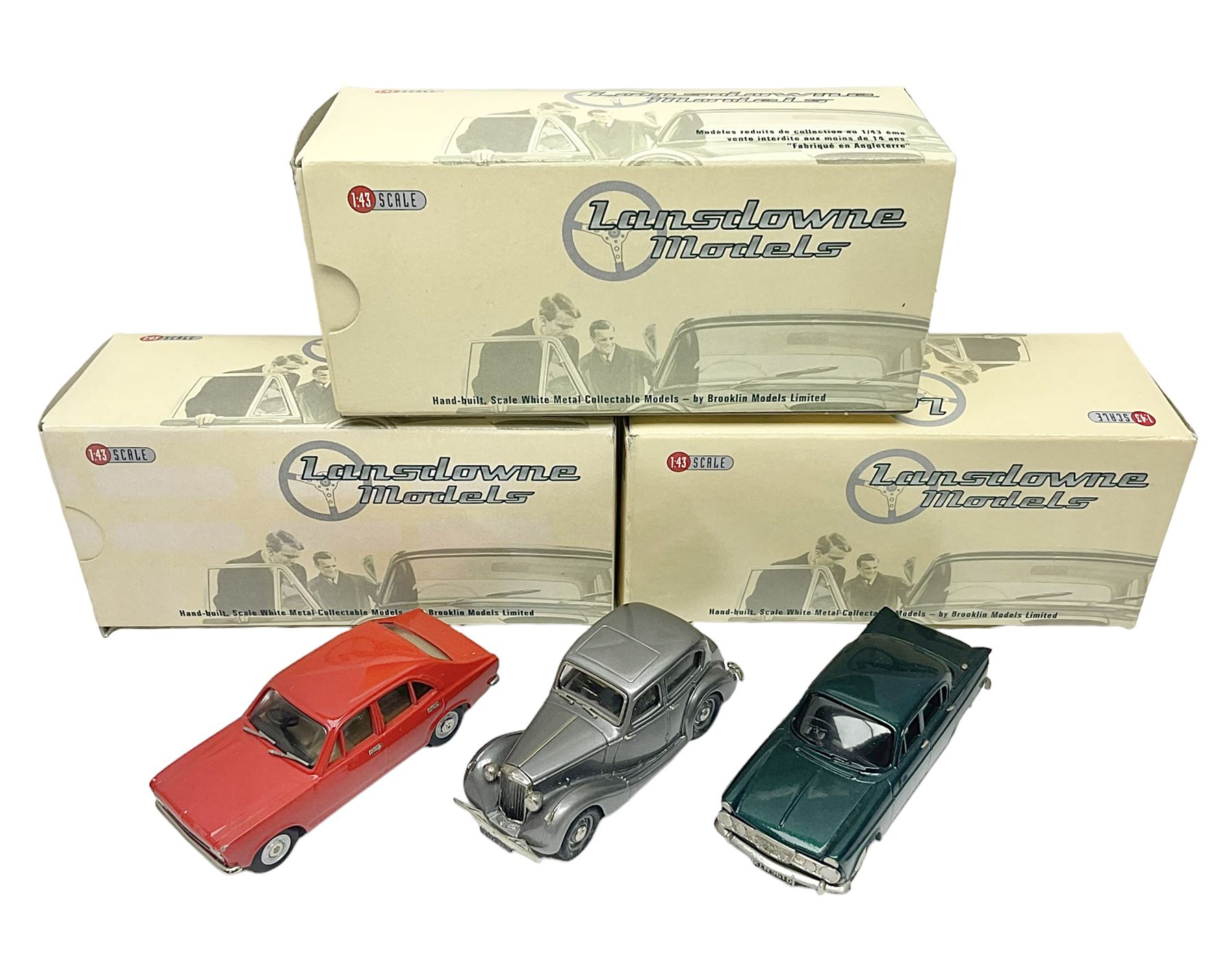 Three Lansdowne Models 1:43 scale models - 1965 Humber Sceptre MkII Four Door Saloon; 1970 Hillman Avenger 4-Door De Luxe (Firebrand Red); and 1945 Sunbeam Talbot Ten (Gunmetal Grey); all boxed (3)