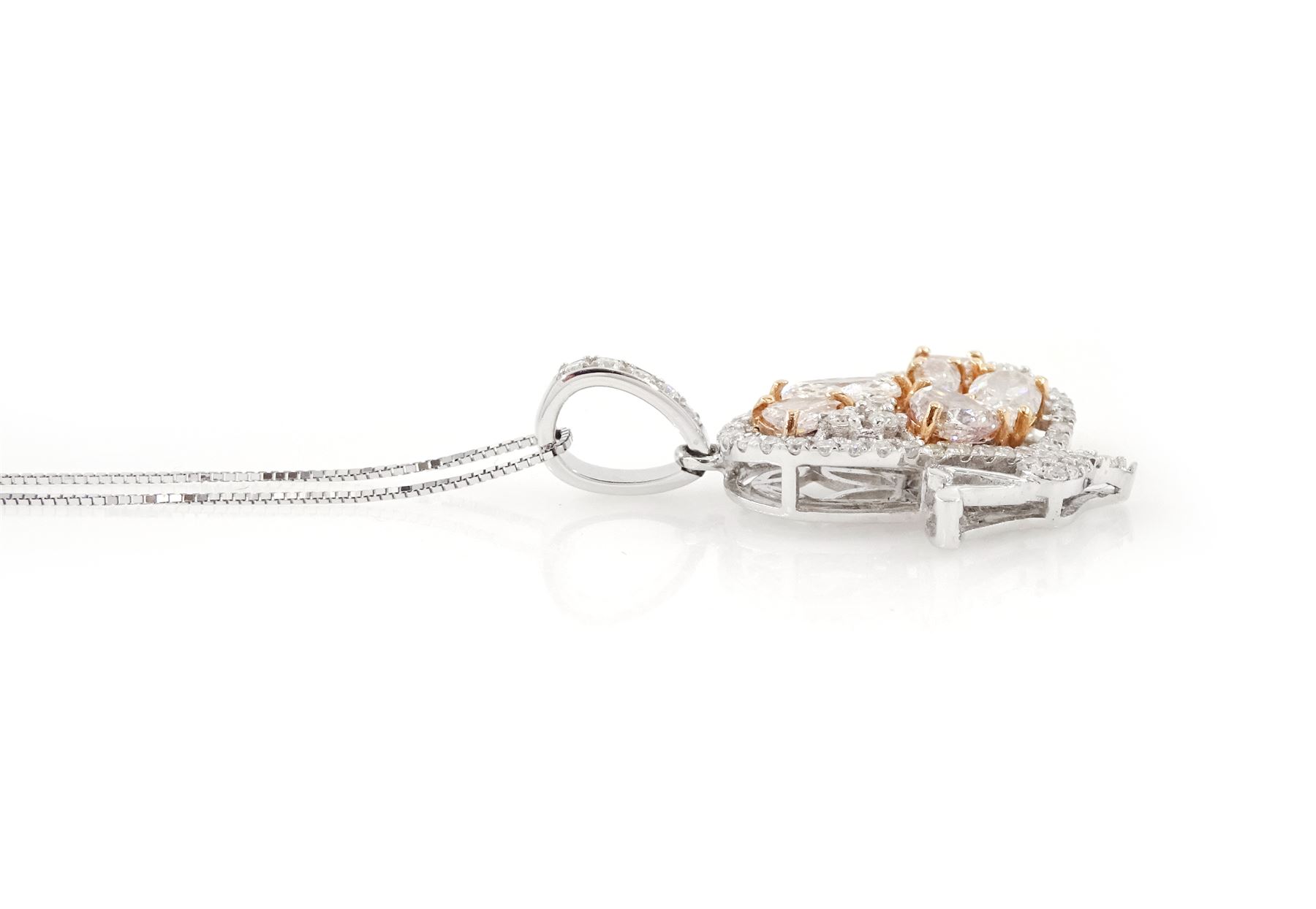 18ct white and rose gold diamond butterfly pendant necklace, the pendant set with vari-cut light pinkish brown diamonds and round brilliant cut white diamonds, total diamond weight 1.84 carat, with World Gemological Institute report