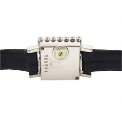 Jaeger-LeCoultre ladies 18ct white gold diamond manual wind wristwatch, back case No. 755841, square silvered dial with round brilliant cut diamond bezel and single cut diamond set lugs, crown wound from back case, on black leather strap, with 18ct white gold buckle, stamped 750, total diamond weight approx 0.70 carat