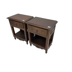 Pair of Portuguese two-tier bedside tables, rectangular top over single drawer with rose carved facia, raised on turned supports united by stretcher