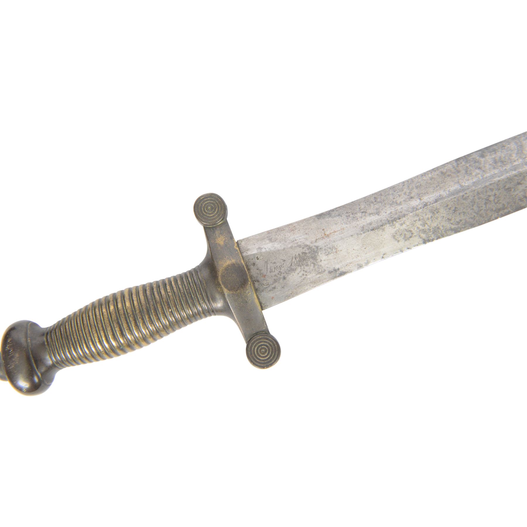 French 1832 Pattern Gladius short sword, the 49cm double edged blade inscribed to the ricasso, cast brass hilt with groove grip and short quillons, brass mounted leather scabbard, scabbard and sword both marked 994, overall L66cm