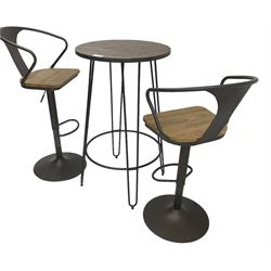 NEXT Home - rustic pine and wrought metal bistro table, circular top over dark grey metal base (W61cm H104cm); and pair of matching high stools, with swivel and adjustable height action (H113cm)