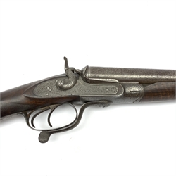 19th century David R. Hodgson (? of Louth) 12-bore side-by-side double barrel hammer shotgun with screw under lever opening and patent action, walnut stock and 76cm damascus barrels, L119cm overall SHOTGUN CERTIFICATE REQUIRED
