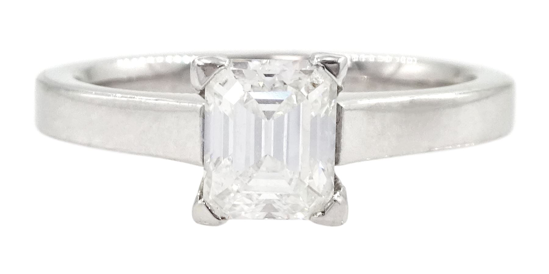 18ct white gold single stone emerald cut diamond ring, diamond 1.01 carat, with European Gemological Laboratory report