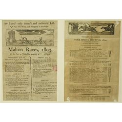 Early 19th century handbill for Malton Races June 1803 'Sagg's only correct and authentic list' with runners and owners 27cm x 18cm, another for 'Boroughbridge Races October 1782', another 'Preston Races July 1799', another 'Doncaster Races September 1802' and another 'York Spring Meeting 1802' in one frame 41cm x 116cm 
Provenance: property of a Nobleman