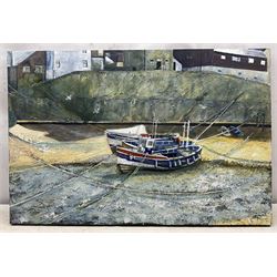 Sue Nichol (Northern British Contemporary): Low Tide at Staithes, acrylic on canvas signed and dated '07, 61cm x 92cm (unframed)