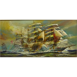  Sailing Vessels at Sea, 20th century oil on canvas signed by Hermann Conrad 29.5cm x 59.5cm  