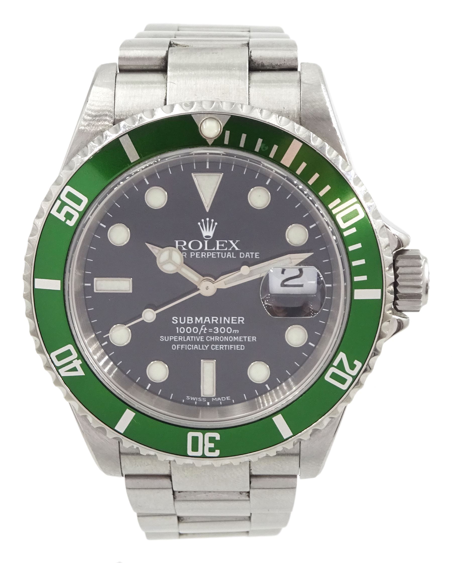 Rolex Oyster Perpetual Date Submariner 'Kermit' gentleman's stainless steel automatic wristwatch, circa 2005, model No 16610LV, serial No. D079091, 60 minute rotating green bezel, on Rolex Oyster stainless steel bracelet, with fold-over clasp, boxed with service guarantee dated 2014