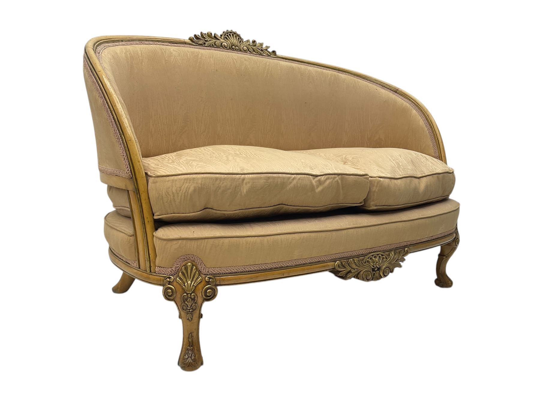 French Louis XV design walnut framed sofa, tub-shaped upholstered back with gilt foliate carved crest, padded seat with twin loose cushions, raised on cabriole supports with shell and acanthus leaf carvings