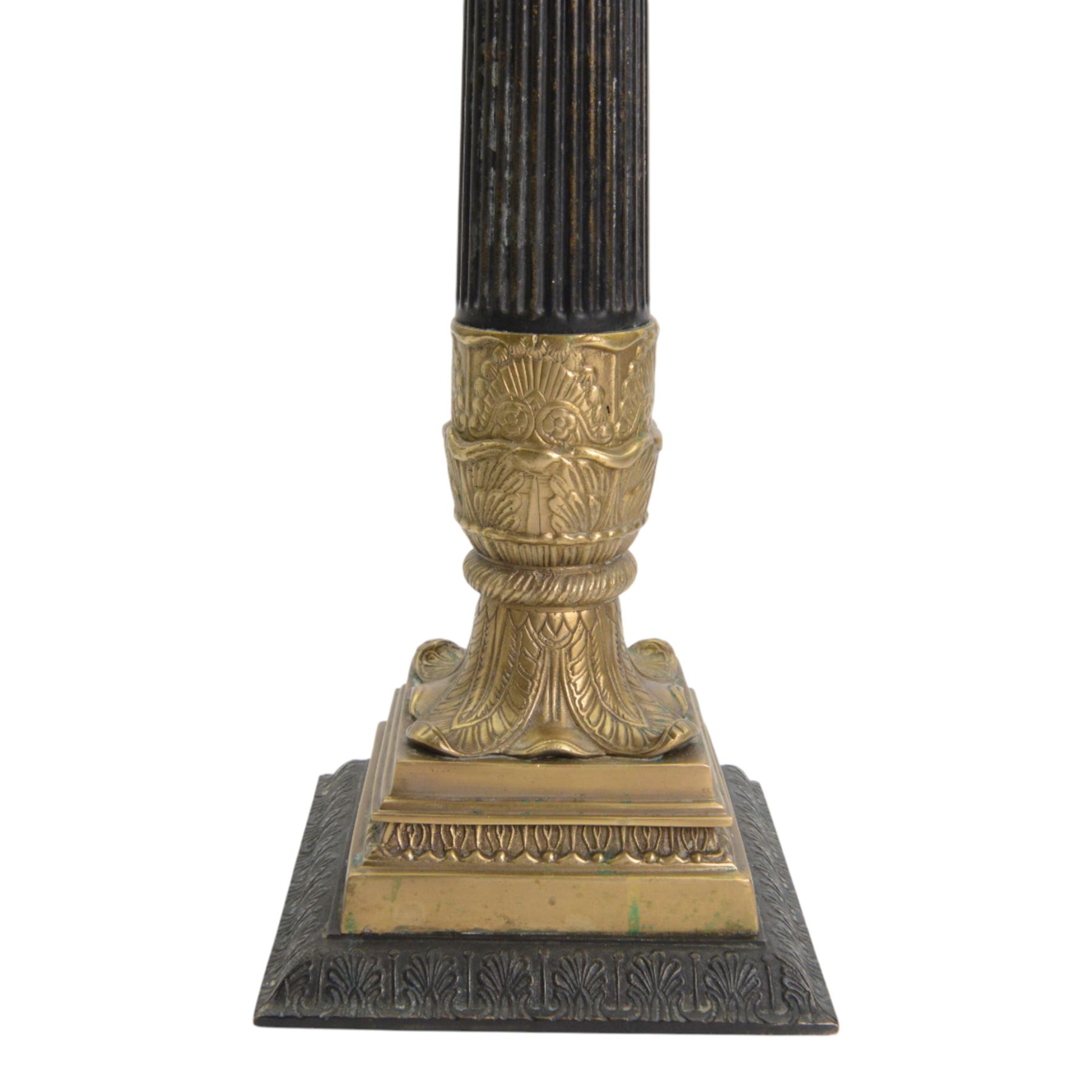 Pair of 20th century Corinthian column seven branch candelabra, with gilt brass sconces and swept acanthus leaf pedestal bases, H69cm (2)