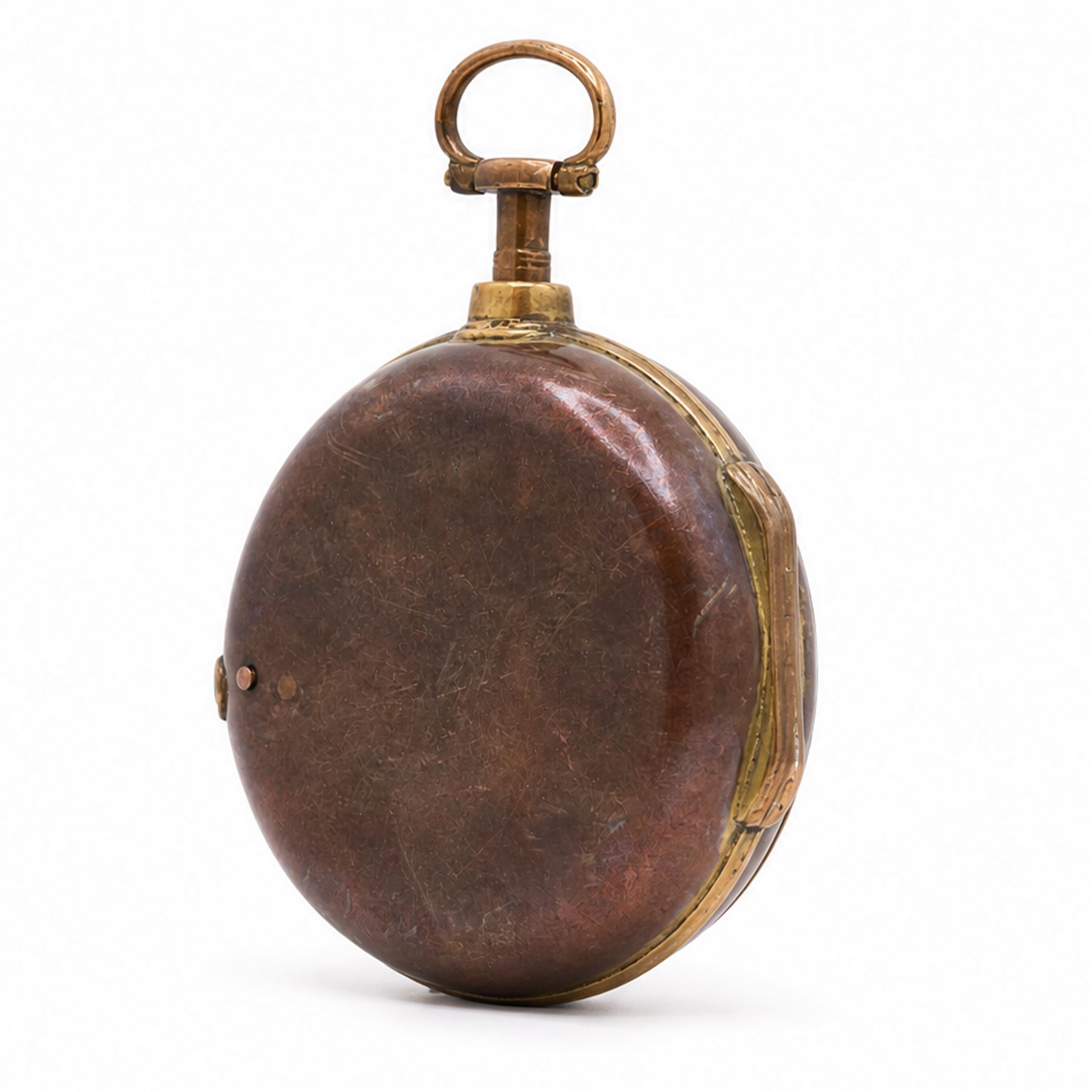 George III gilt pair cased verge fusee pocket watch by Thomas Lyon, London, No. 1902, engraved balance cock decorated with a mask, white enamel dial with Roman numerals and bull's eye glass
