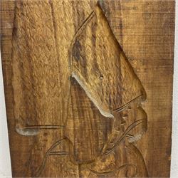 20th century hardwood Dutch folk art Speculaasplank or biscuit mould, typically carved with figure in traditional dress, H132cm