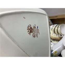 Royal Worcester miniature loving cup, Royal Doulton Wendy figure HN 2109, Lladro dish, two Giuseppe Armani figures, Staffordshire style figural vase, Crown Devon Fieldings blush ivory ewers and twin handled vases, Villeroy & Boch, Royal Doulton, Carlton Ware, Masons ironstone, other ceramics, teawares etc in four boxes