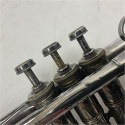 Victorian Class A silver plated trumpet retailed by Kitchen & Co,29 Queen Victoria Street Leeds, 1897 with mouthpiece/slide and in its original felt lined box
