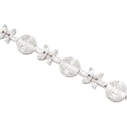18ct white gold diamond bracelet, eight circular, pave set round brilliant cut and baguette cut diamond clusters, spaced by a single baguette cut diamond and a diamond flower head design cluster, stamped 750, total diamond weight approx 3.70 carat