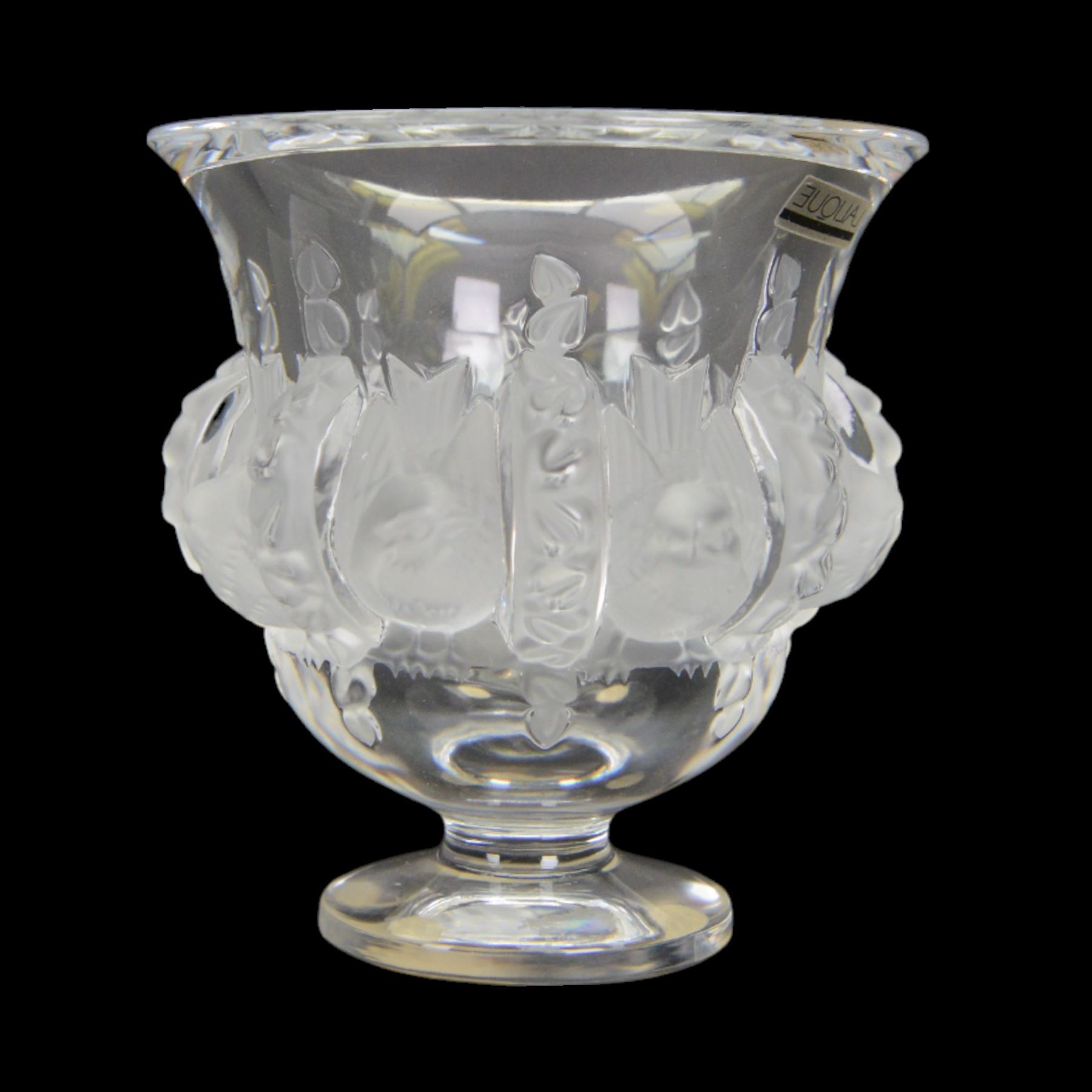Lalique Dampierre vase, designed by Marc Lalique, of campana form, decorated in relief with sparrows and flowers upon a circular base, signed to base, H12cm