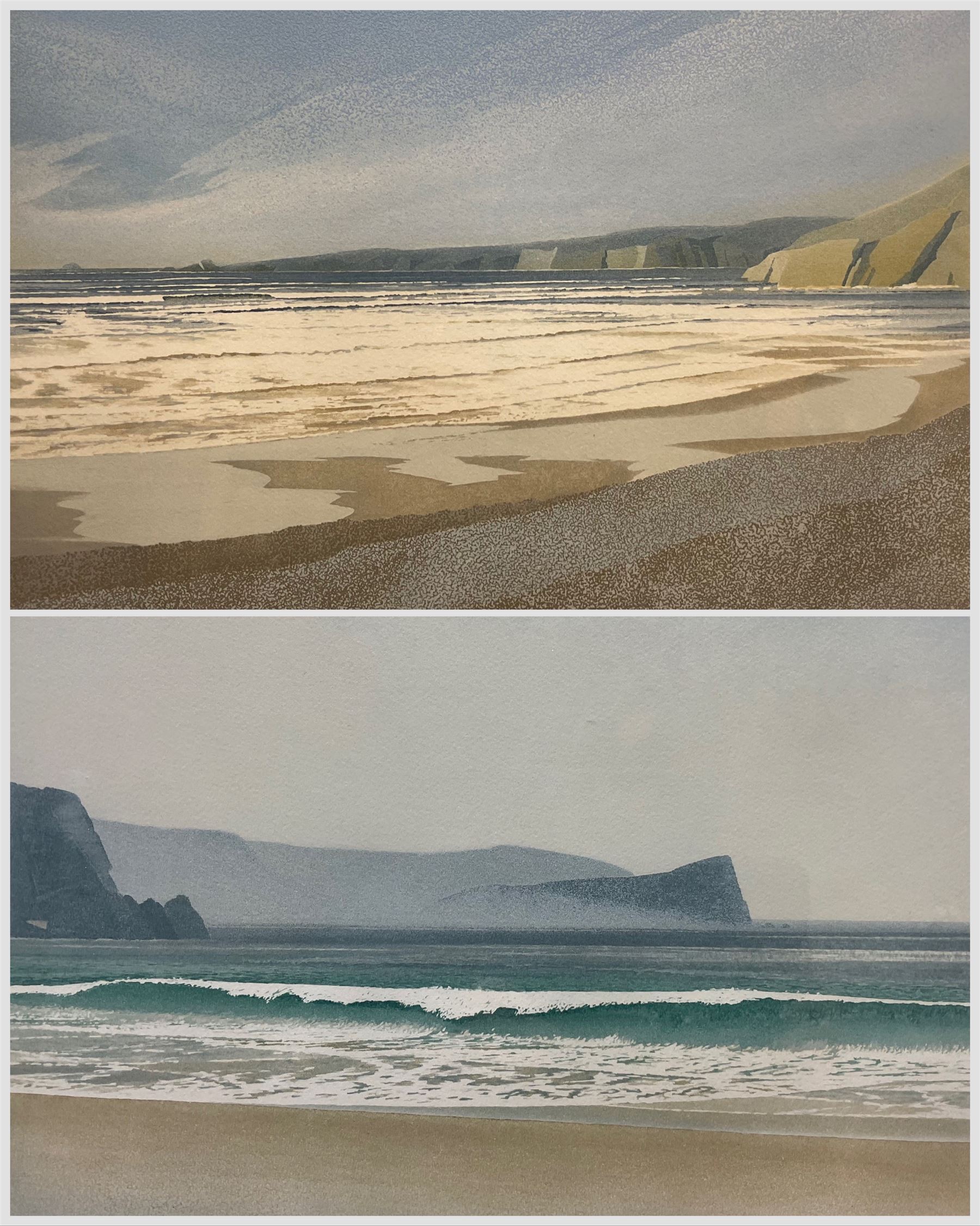 Michael Fairclough (British 1940-): 'Church Cove and Mullion Island' and 'Towards Solva - Newgale Sands', pair coloured etchings with aquatint signed and numbered in pencil pub. Christie's Contemporary Art, certificates verso 39cm x 30cm (2)