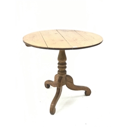  19th century pedestal table with circular pine tilt top, turned column with three outsplayed supports, D89cm, H78cm  