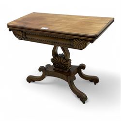 19th century mahogany tea table, fold-over swivel rectangular top with rounded corners, th...
