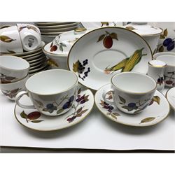 Royal Worcester Evesham pattern tea and dinner wares, to include, three covered tureens of various sizes, coffee pot, two lidded pots, tea cups and saucers of various sizes, two egg cups, round serving platter, five dinner plates, large jug, pair of napkin rings, salt and pepper etc (72)