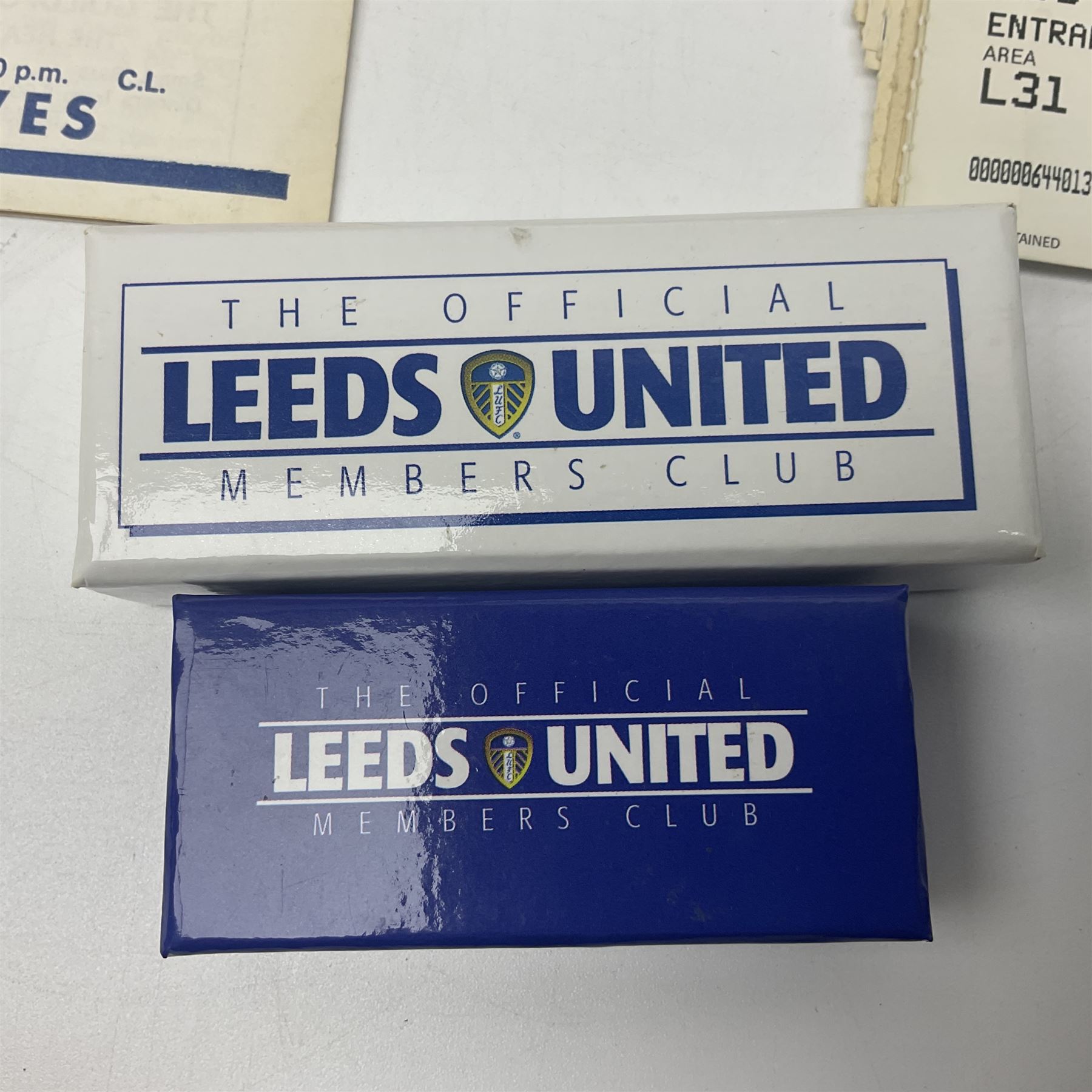 Leeds United football club - football association challenge cup competition final Saturday 11th April 1970 Chelsea vs Leeds United at Wembley programme, football association charity shield Saturday 10th August 1974 Leeds United vs Liverpool programme, various supporters pin badges, scarf for the league 1 playoff final Wembley stadium 25th May 2008, Danbury Mint 'Great Moments in the History of Leeds United' leather bound collectors edition, various used home game tickets etc