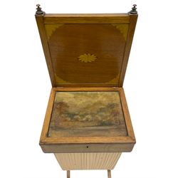 Edwardian mahogany sewing box, raised panelled back inlaid with central fan motif and fanned spandrels, the hinged panelled lid hand painted with country scene, upholstered bag beneath with marbled paper lining, on splayed supports with turned feet