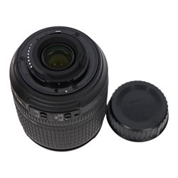 Nikon DX VR AF-S Nikkor 18-105mm 1:3.56.6G ED camera lens, serial no. 42718987, with both lens caps and soft pouch