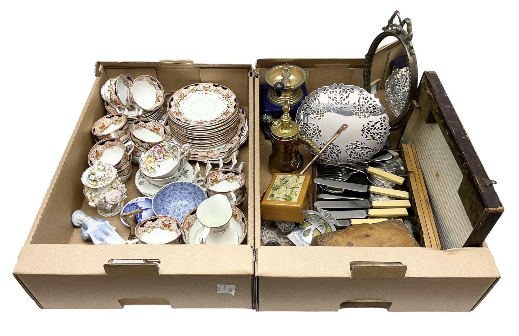 Brass middle Eastern coffee pot, part canteen cutlery, AA badge, Royal Vale teawares, other ceramics etc in two boxes