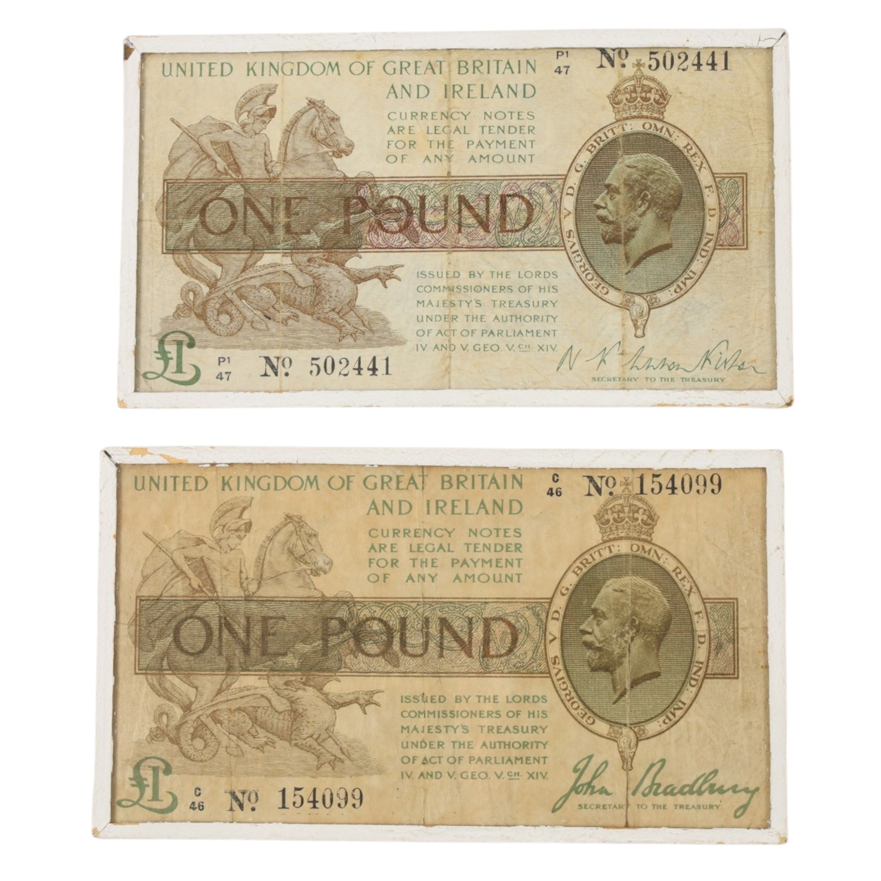 Two King George V Bradbury one pound notes, C46 154099 and P147 502441, in small glass frames