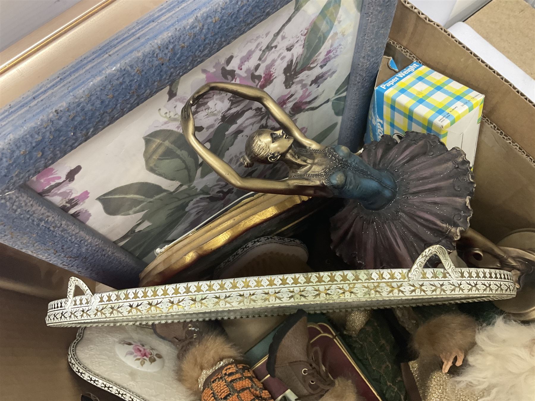 Echt Kobalt tea wares, comprising of tea cup, saucer and dessert plate, together with two Hutschenreuther plates of the month, another similar plate and a Ironstone hatpin holder, 'Gateway to the Moors North Yorkshire' oval oil on board signed by Valerie Barnaby, framed needlework, Leonardo Collection figure group, dressing table set, lamps etc in two boxes