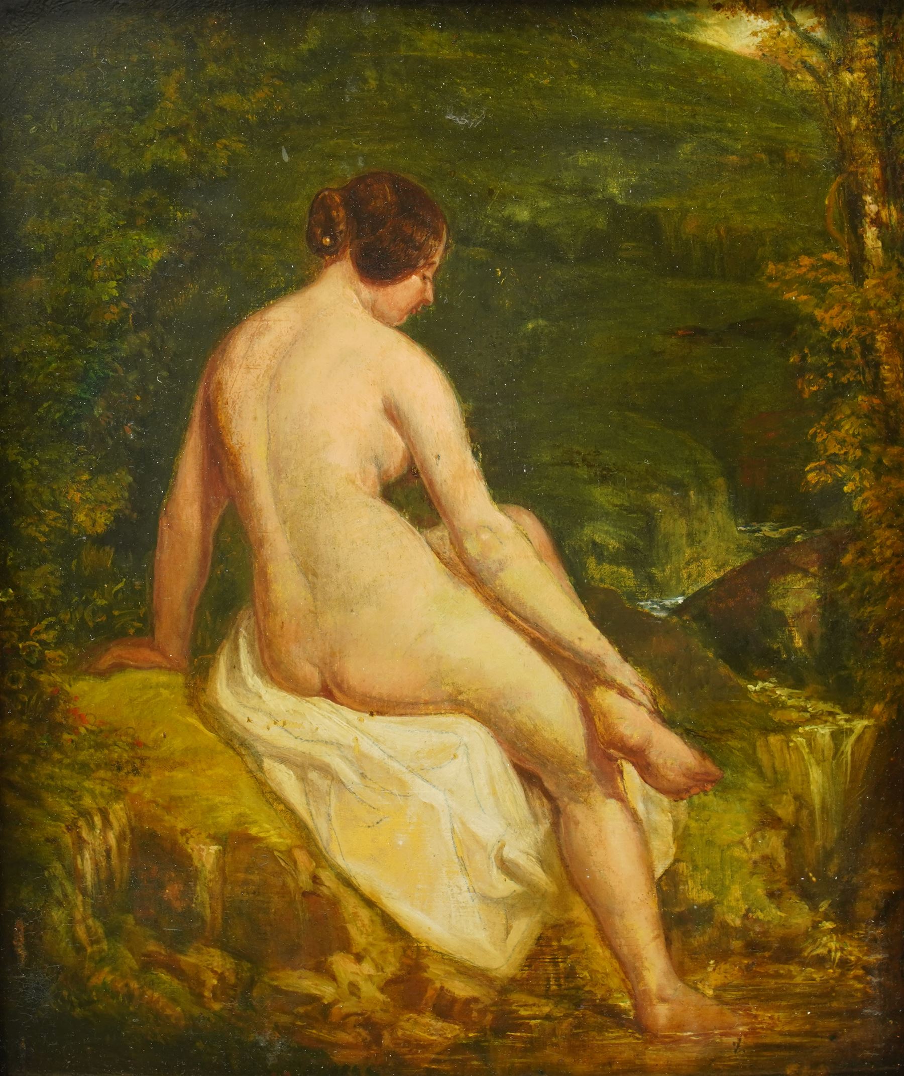 William Etty RA (York 1787-1849): The Bathing Nymph, oil on panel inscribed verso 29cm x 25cm
Provenance: from the collection of Father John O'Connor, a Bradford Roman Catholic priest and the basis for GK Chesterton's detective Father Brown. He was associated with various painters, authors and artists during his time including the likes of Eric Gill and Etty, as well as a keen interest in the antiquities. Purchased Duggleby Stephenson Country House sale 06/12/2024, £1000
