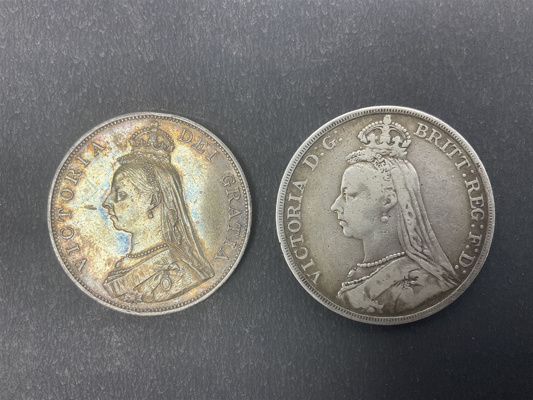 Queen Victoria 1889 silver crown coin, two double florins dated 1887, 1890 and a George III crown with illegible date (4)