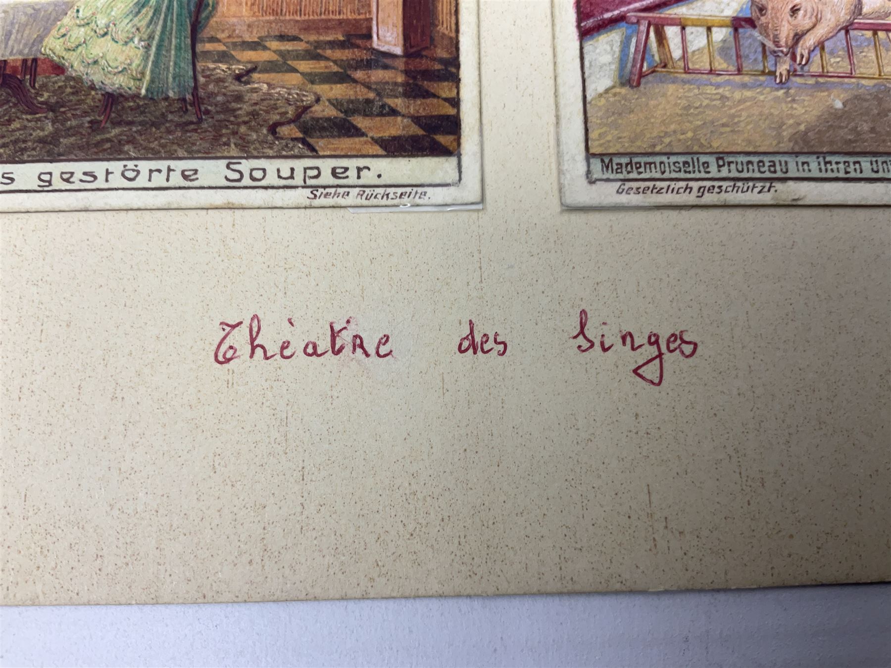 Six original Liebig watercolour illustrations: 'Theatre des Singes'