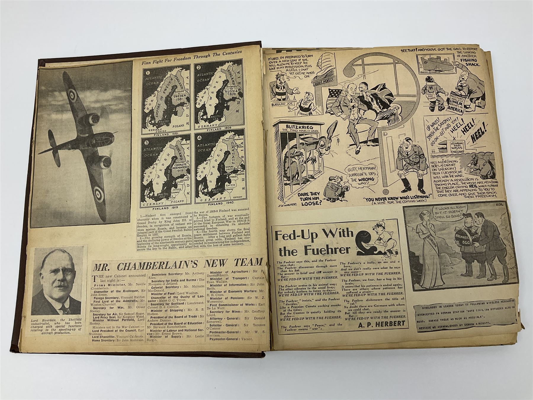 Album of WWII era paper ephemera, to include cartoon illustrations by George Goodwin Butterworth and Clive Uptton, articles and photographs