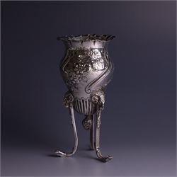 Late Victorian silver vase, of baluster form with fluted rim, the body with embossed flora...
