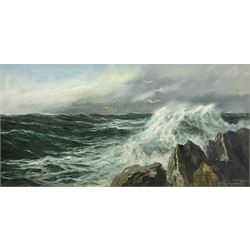 Edgar Freyberg (German 1927-2017): 'Surf' Waves Breaking on a Crag, oil on canvas signed, titled on label verso 50cm x 100cm